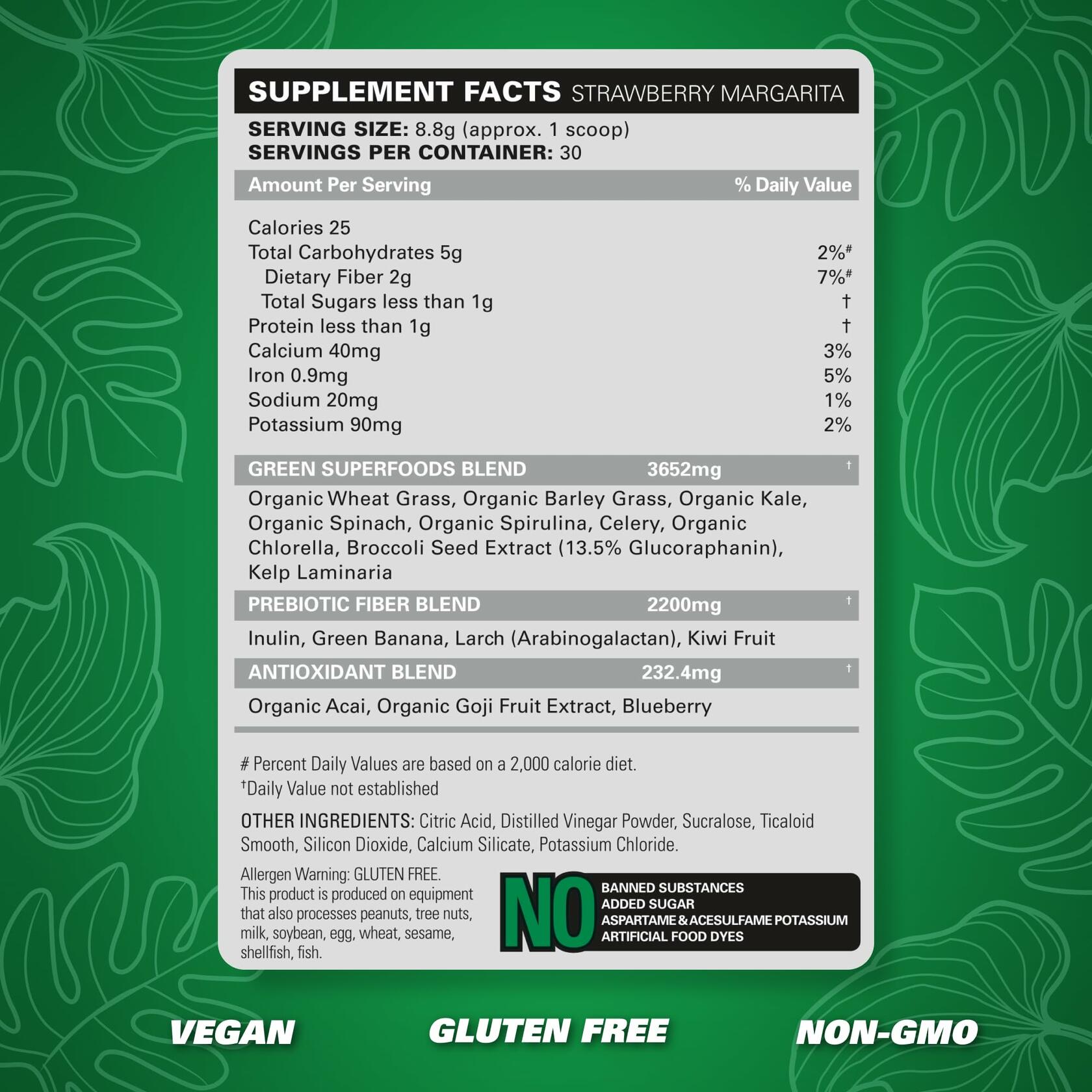 EHP Labs OxyGreens Super Greens Powder supplement facts label for Strawberry Margarita flavor