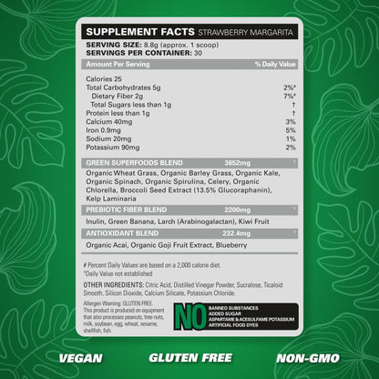 EHP Labs OxyGreens Super Greens Powder supplement facts label for Strawberry Margarita flavor