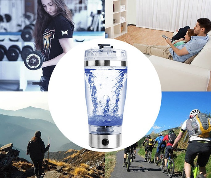 Collage of a person exercising, a couple relaxing, and people cycling with a close-up of a glowing blue water bottle.