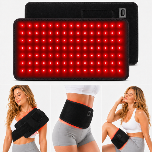 FlexGlow red and near-infrared light wrap shown on the shoulder, waist, and leg