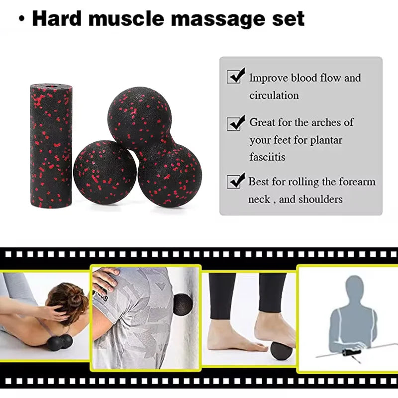 Black foam massage tool set with cylindrical roller and round massage balls for stretching, mobility exercises, and fitness routines