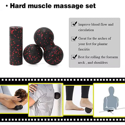 Black foam massage tool set with cylindrical roller and round massage balls for stretching, mobility exercises, and fitness routines