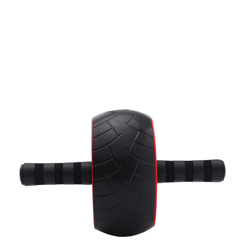 Front view of a black and red single-wheel ab roller with textured non-slip wheel and ergonomic foam grip handles on a white background.