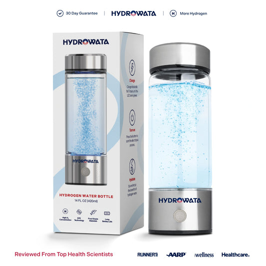 HydroWata portable hydrogen water bottle displayed beside its retail packaging on a white background, featuring a rechargeable design with a transparent bottle showing hydrogen bubbles during operation.