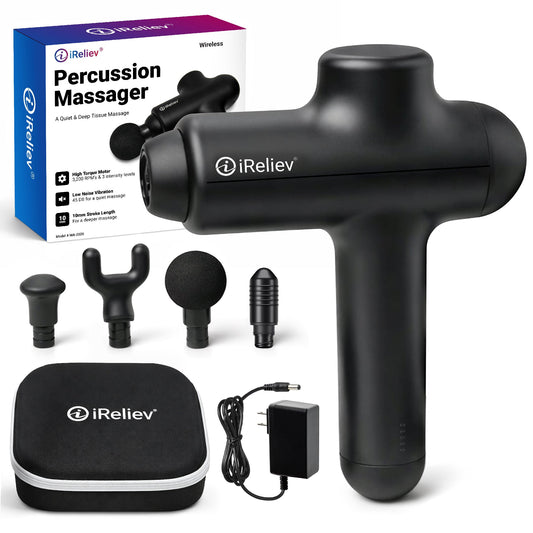 iReliev percussion massage gun with four attachments, carrying case, charger, and product packaging