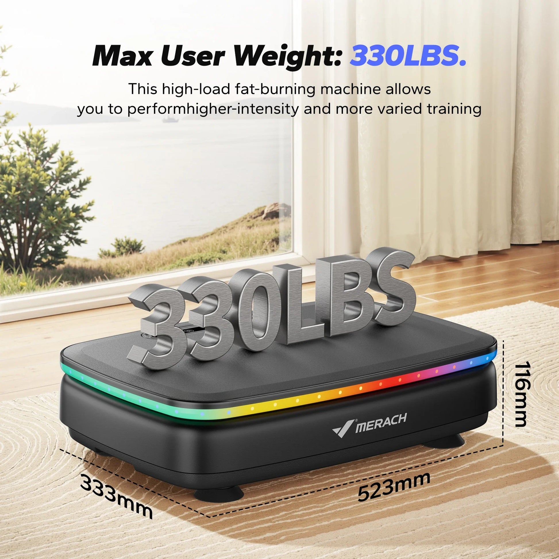 MERACH Whole Body Vibration Plate Exercise Machine with LED light strip, non-slip platform, 330 lb weight capacity, and compact design for home fitness workouts.