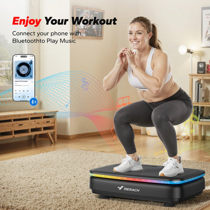 Woman performing squats on the MERACH Whole Body Vibration Plate Exercise Machine with Bluetooth music connectivity in a home gym, featuring an LED light strip and non-slip platform.