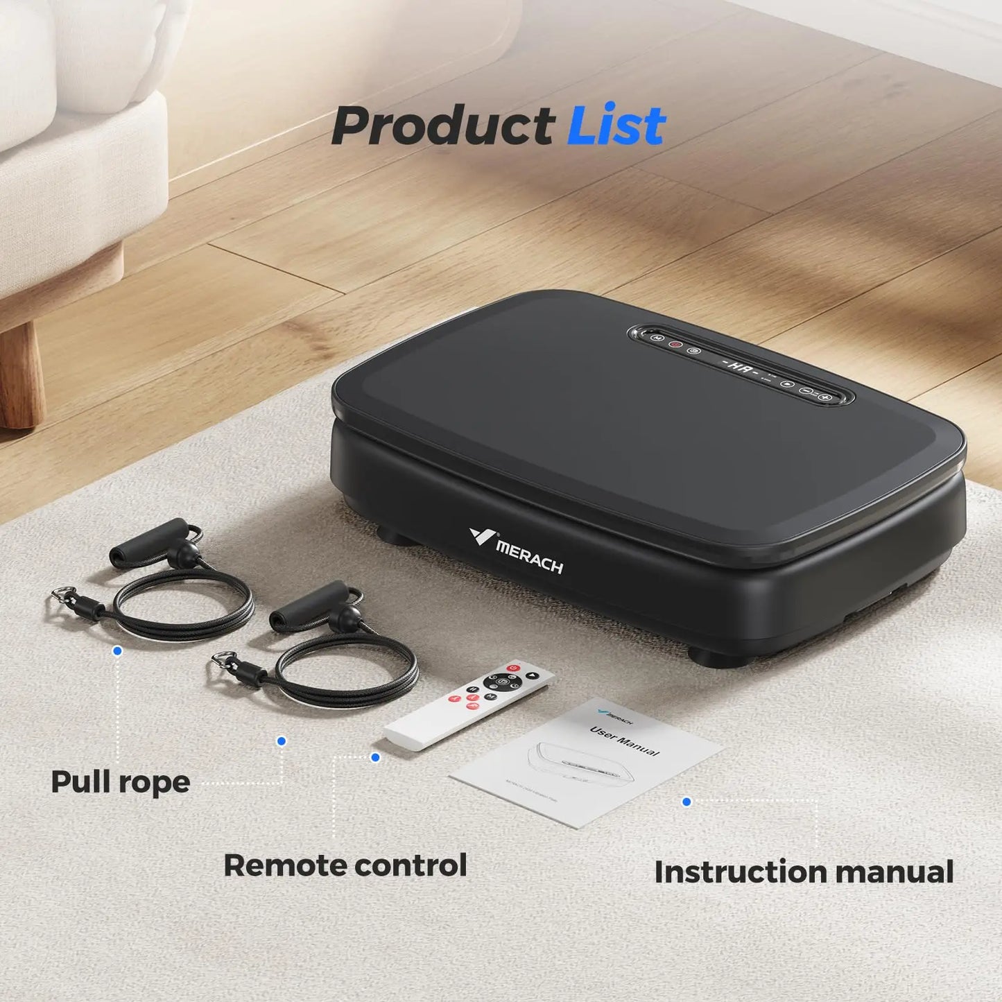 MERACH Whole Body Vibration Plate Exercise Machine with resistance bands, remote control, user manual, and accessories displayed for a complete home fitness workout system.