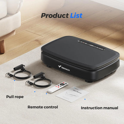 MERACH Whole Body Vibration Plate Exercise Machine with resistance bands, remote control, user manual, and accessories displayed for a complete home fitness workout system.