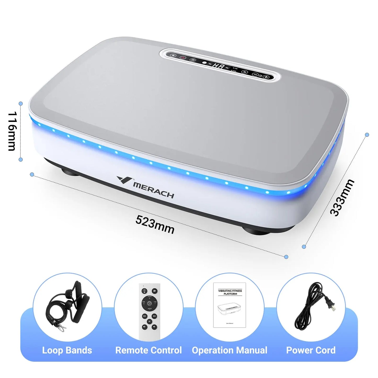 MERACH Whole Body Vibration Plate Exercise Machine with LED control panel, dimensions, resistance bands, remote control, power cord, and user manual for home fitness workouts.