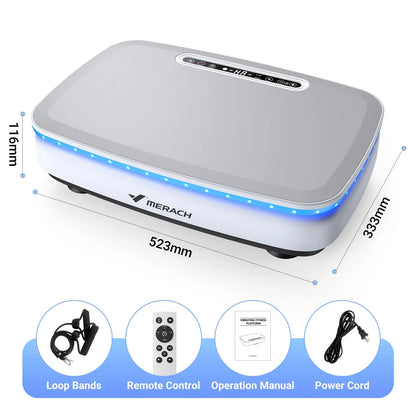 MERACH Whole Body Vibration Plate Exercise Machine with LED control panel, dimensions, resistance bands, remote control, power cord, and user manual for home fitness workouts.