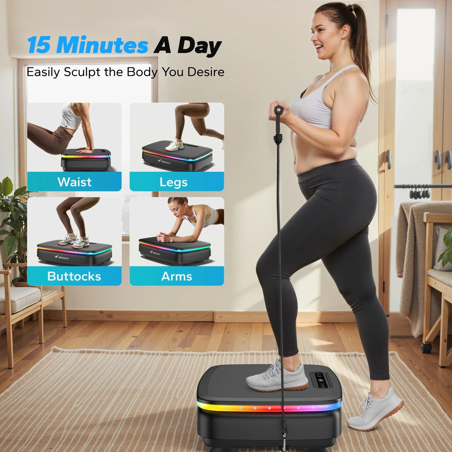 Woman exercising on the MERACH Whole Body Vibration Plate with resistance bands during a home workout, demonstrating full-body exercises for the legs, arms, core, and lower body.
