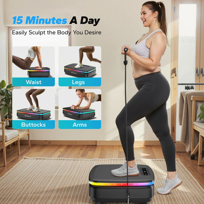 Woman exercising on the MERACH Whole Body Vibration Plate with resistance bands during a home workout, demonstrating full-body exercises for the legs, arms, core, and lower body.