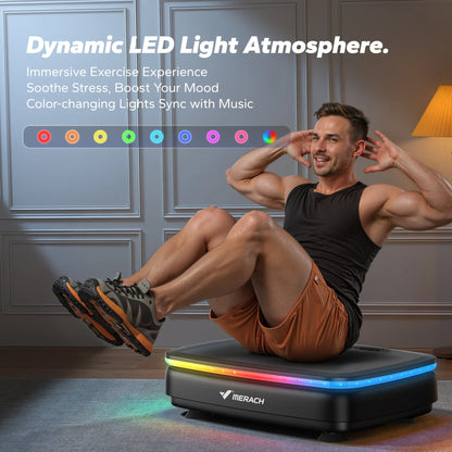 Man performing core exercises on the MERACH Whole Body Vibration Plate Exercise Machine featuring a dynamic LED light strip, Bluetooth connectivity, and a non-slip platform for home workouts.