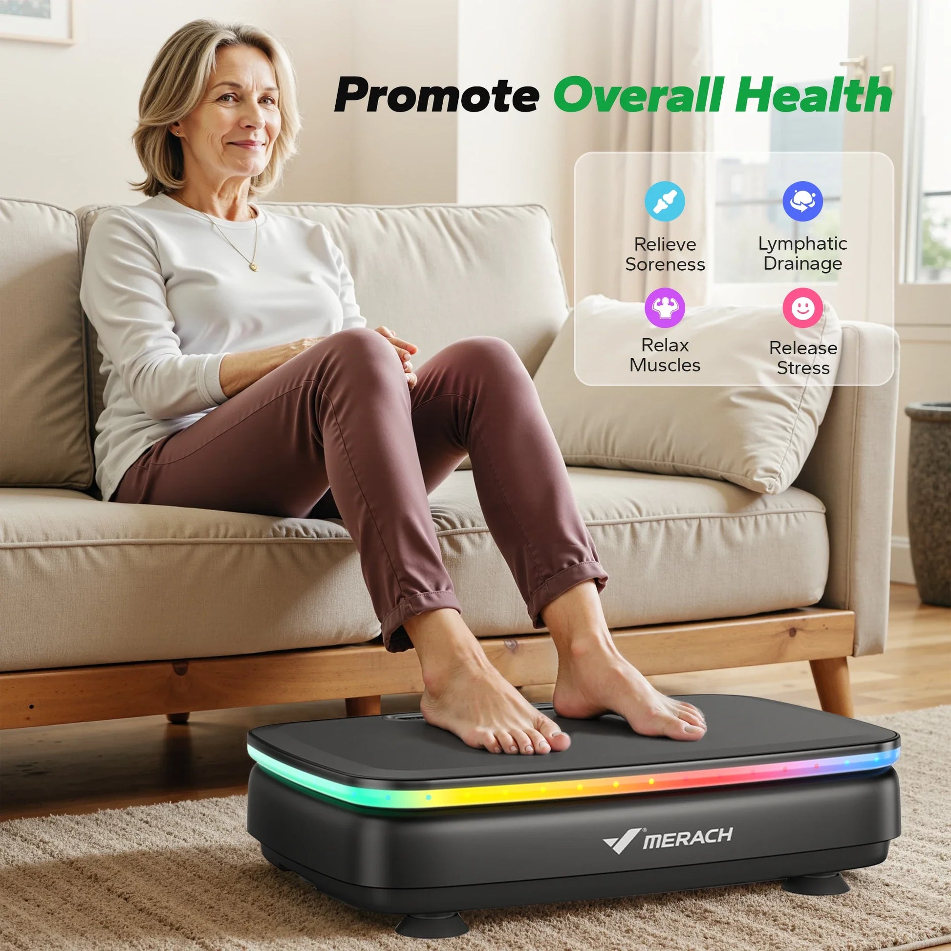 Woman sitting on the MERACH Whole Body Vibration Plate Exercise Machine at home, demonstrating low-impact seated exercise on a non-slip platform with an LED light strip.