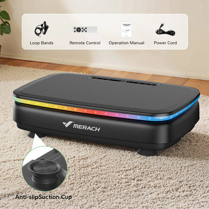 MERACH Whole Body Vibration Plate Exercise Machine with LED light strip, anti-slip suction cup feet, remote control, resistance bands, power cord, and user manual for home fitness workouts.