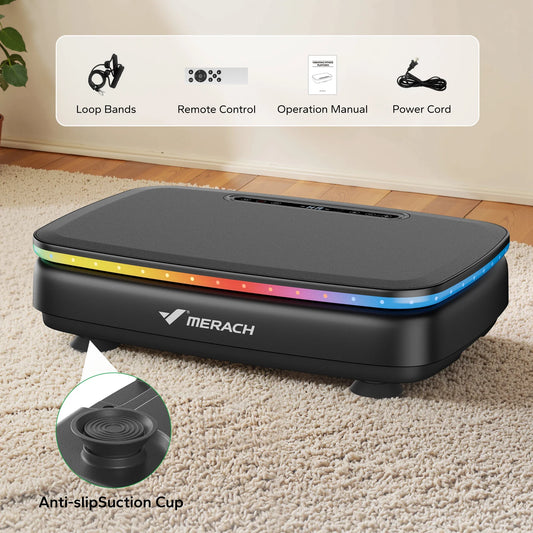 MERACH Whole Body Vibration Plate Exercise Machine with LED light strip, anti-slip suction cup feet, remote control, resistance bands, power cord, and user manual for home fitness workouts.
