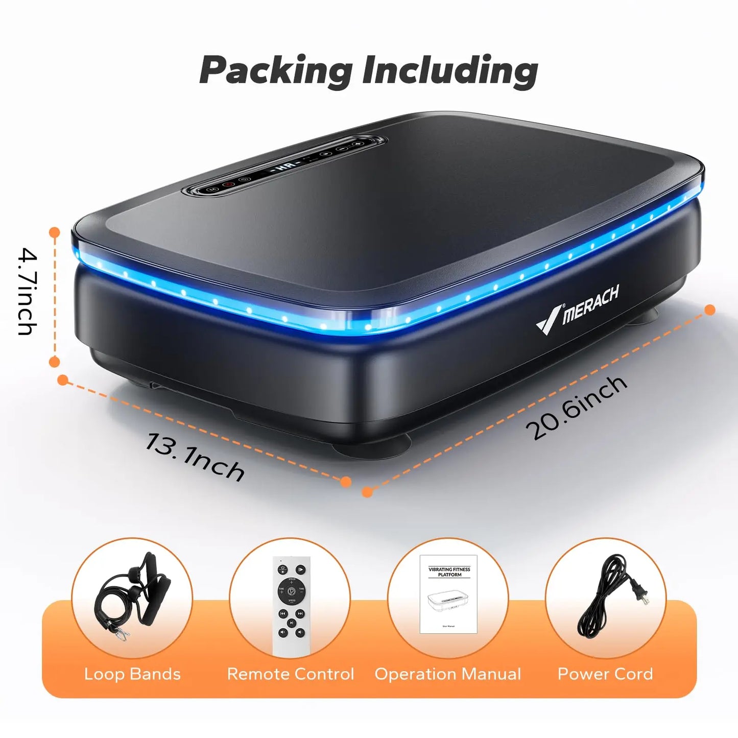 MERACH Whole Body Vibration Plate Exercise Machine showing overall dimensions, LED light strip, resistance bands, remote control, user manual, and power cord included.