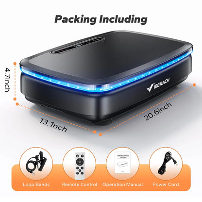 MERACH Whole Body Vibration Plate Exercise Machine showing overall dimensions, LED light strip, resistance bands, remote control, user manual, and power cord included.