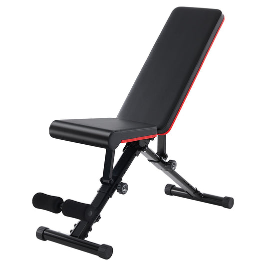 OLIXIS adjustable weight bench in incline position with black PU leather padding, heavy-duty steel frame, and leg support for home strength training.