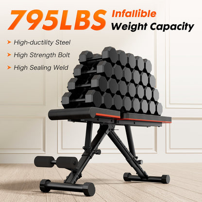 OLIXIS adjustable weight bench demonstrating its heavy-duty steel frame with stacked dumbbells, highlighting the 795 lb tested weight capacity for home strength training.
