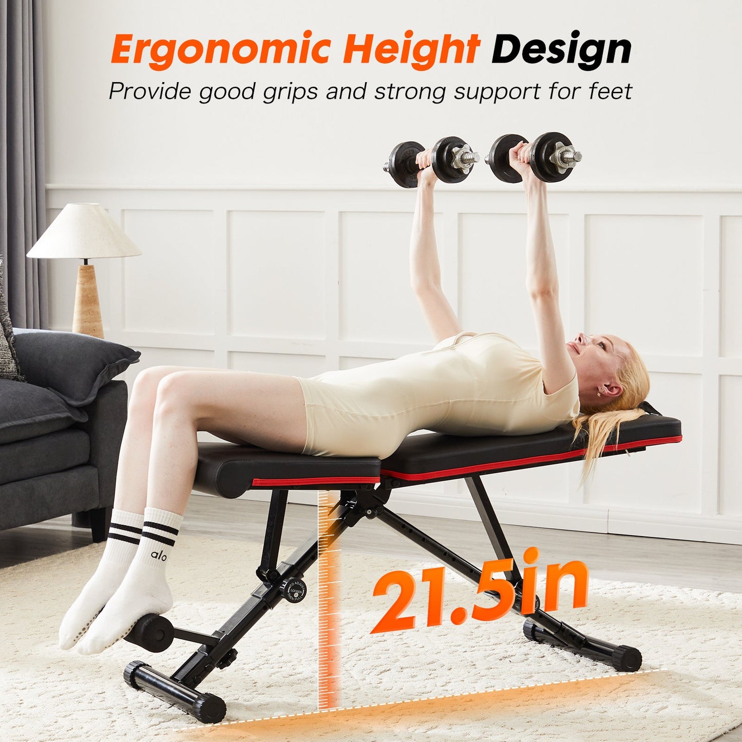 Person performing dumbbell bench press on the OLIXIS adjustable weight bench, highlighting the ergonomic 21.5-inch bench height for comfortable home strength training.