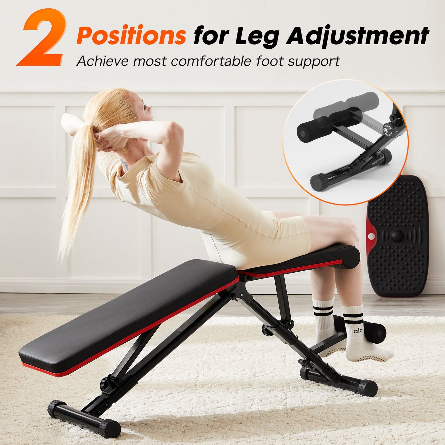 Person performing sit-up exercises on the OLIXIS adjustable weight bench, highlighting the two-position leg support adjustment for added stability and workout comfort.
