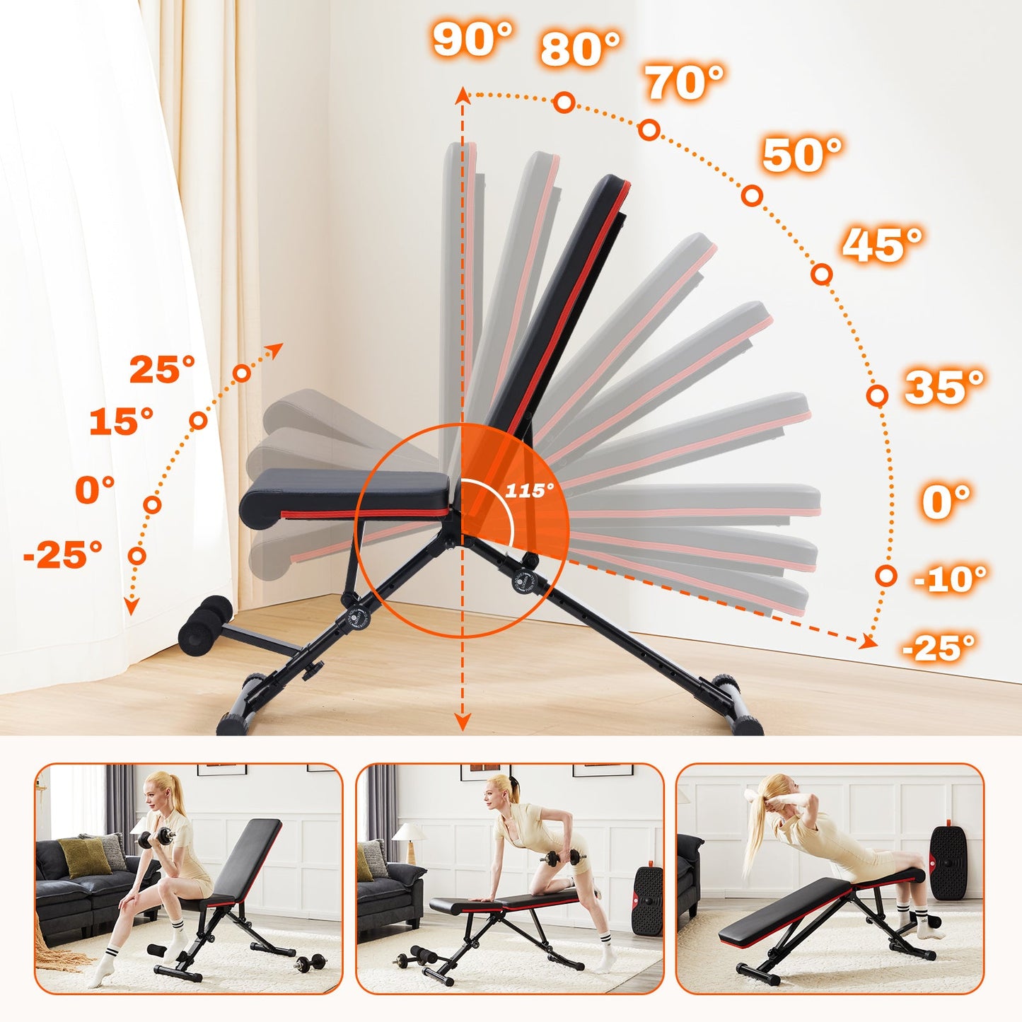 OLIXIS adjustable weight bench showing multiple backrest and seat angle positions for flat, incline, and decline strength training exercises at home.