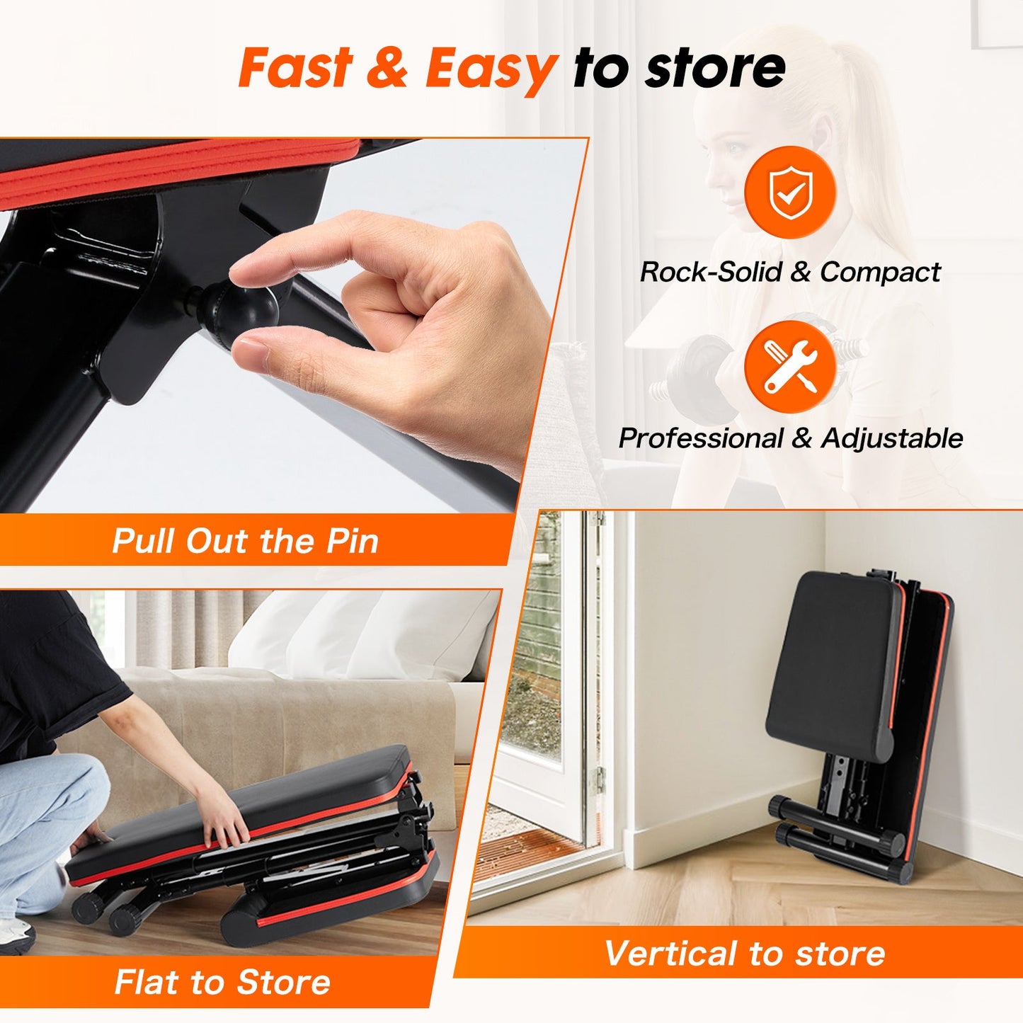 OLIXIS foldable adjustable weight bench demonstrating quick storage options, pull-pin folding mechanism, flat storage, and vertical storage for home gyms.