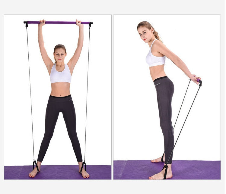 Woman demonstrating two full-body exercises using a portable Pilates bar resistance band training kit for strength training, stretching, and home fitness workouts.