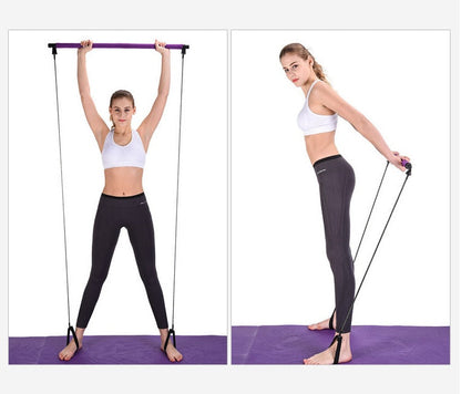 Woman demonstrating two full-body exercises using a portable Pilates bar resistance band training kit for strength training, stretching, and home fitness workouts.
