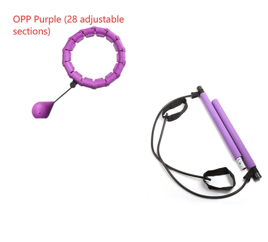 Portable Pilates bar resistance band training kit with adjustable foot straps shown alongside a 28-section massage hula hoop for home fitness, strength training, and core workouts.