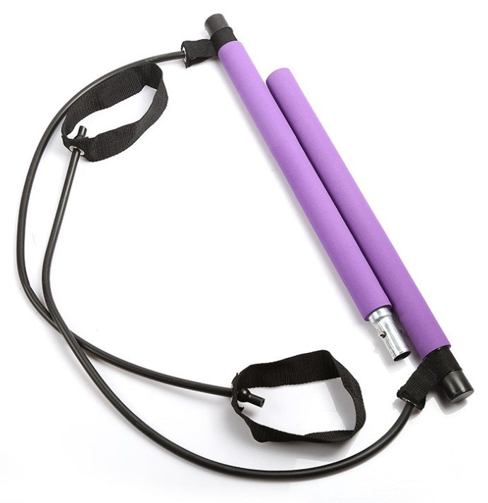 Portable Pilates bar resistance band training kit with detachable exercise bar, foam grips, resistance bands, and adjustable foot straps for full-body home workouts and strength training.