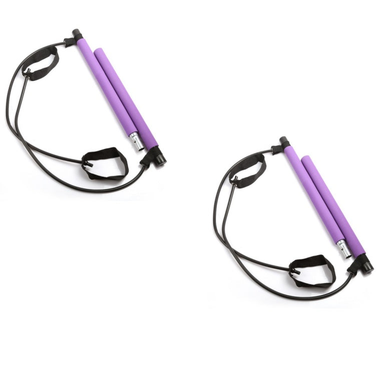 Two portable Pilates bar resistance band training kits with adjustable foot straps and detachable bars, designed for full-body home workouts, stretching, Pilates, and strength training.
