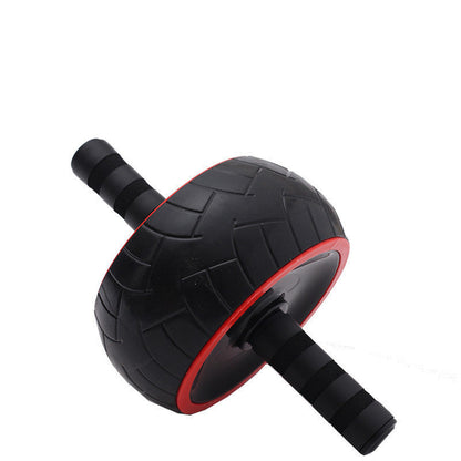 Black and red single-wheel ab roller with textured non-slip wheel and ergonomic foam grip handles on a white background.