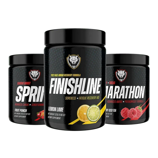 Three black supplement containers labeled 'Sprint', 'Finishline', and 'Marathon' on a white background.