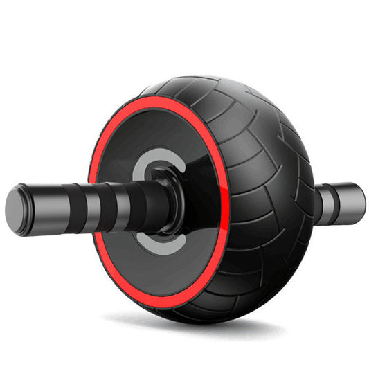 Black and red single-wheel ab roller with textured tire-style wheel and ergonomic non-slip handles on a white background for home core workouts.