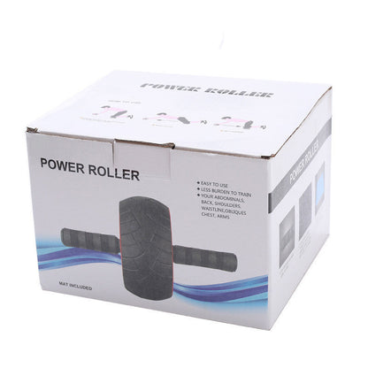 Retail packaging for a single-wheel ab roller showing the included exercise wheel and product features on a white background.