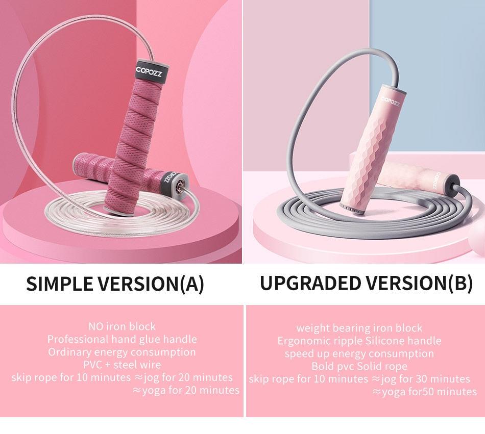 Comparison of the standard and upgraded adjustable speed jump rope versions, featuring ergonomic handles and durable PVC-coated cables for fitness training.