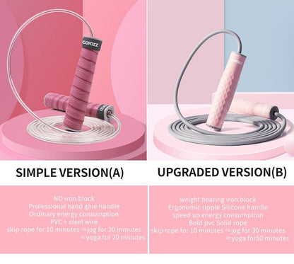 Comparison of the standard and upgraded adjustable speed jump rope versions, featuring ergonomic handles and durable PVC-coated cables for fitness training.