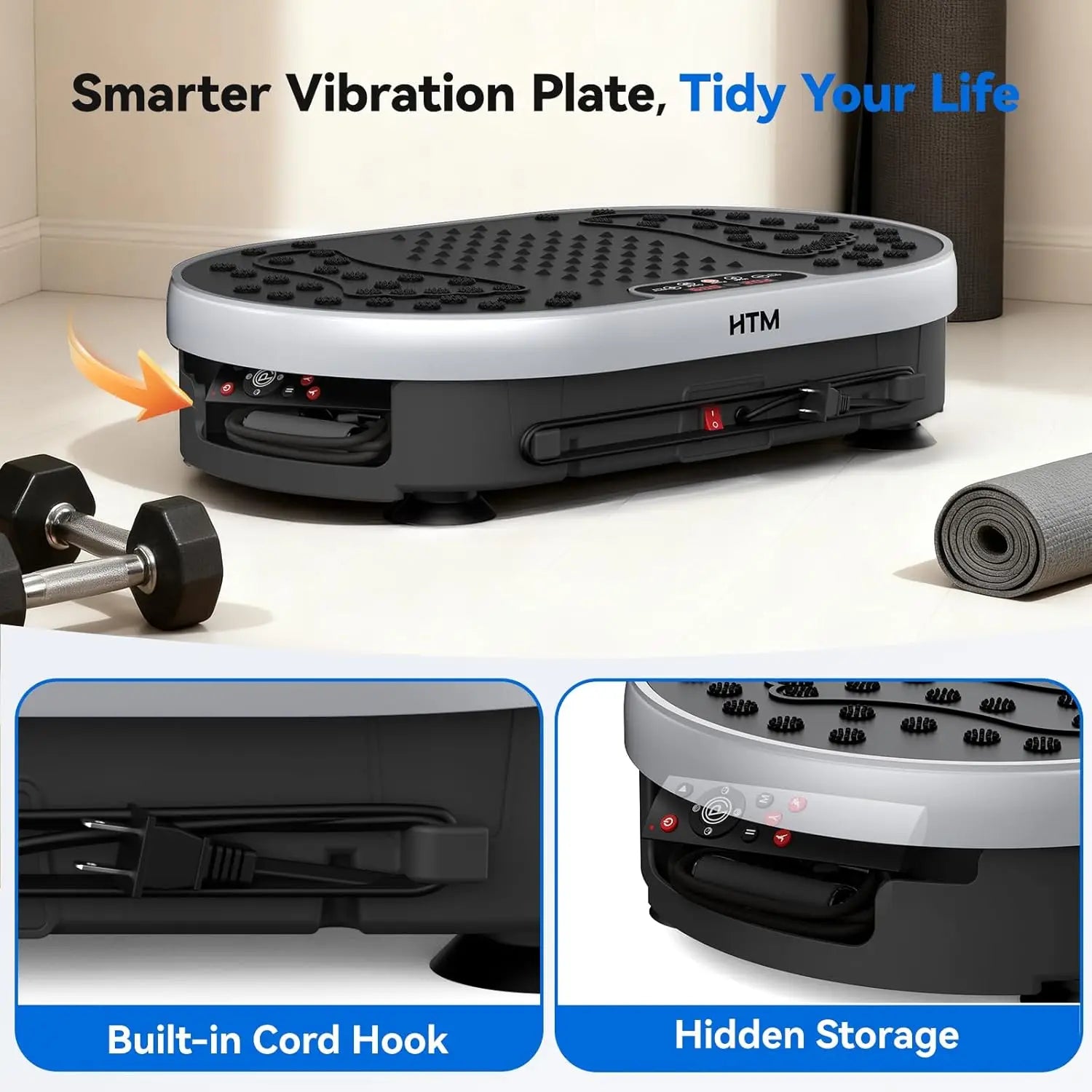 120-speed vibration plate exercise machine featuring built-in cord storage, integrated carrying handles, and a compact design for convenient home fitness storage.