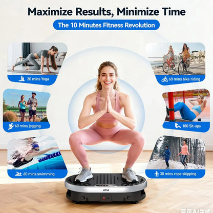 Woman demonstrating a vibration plate exercise machine with comparison images showing yoga, cycling, jogging, swimming, sit-ups, and jump rope workouts.