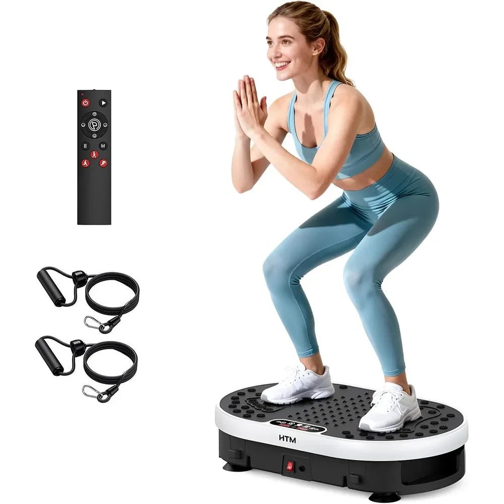 Woman performing a squat on a 120-speed vibration plate exercise machine with wireless remote control and resistance bands for home fitness training.