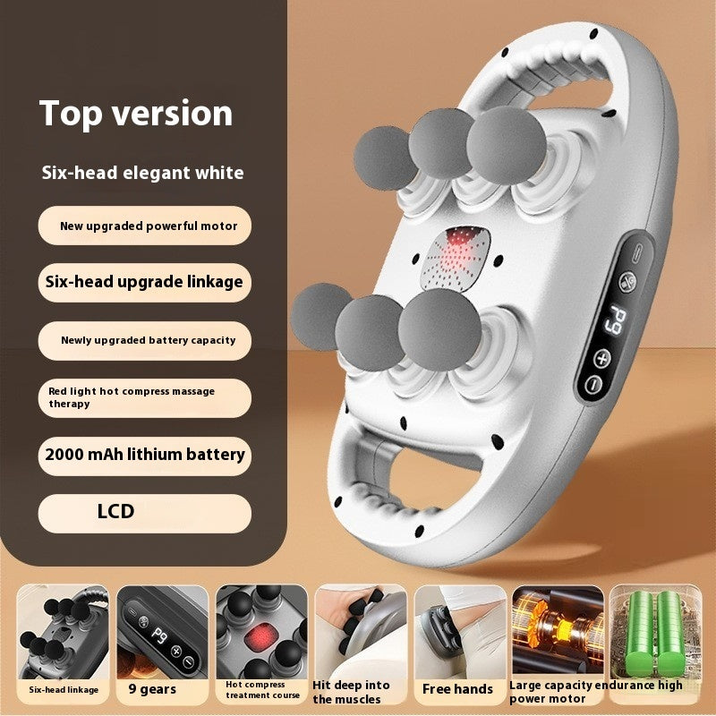 White six-head percussion massage gun with LCD display and multiple massage attachments showing product features.