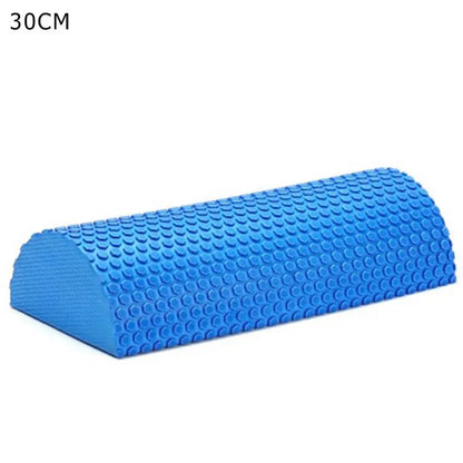 Blue 30 cm half-round EVA foam roller with a textured non-slip surface for yoga, Pilates, balance training, stretching, mobility exercises, and self-massage.