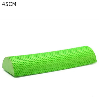 Green 45 cm half-round EVA foam roller with a textured non-slip surface for yoga, Pilates, balance training, stretching, mobility exercises, and self-massage.