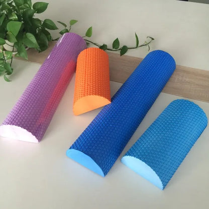 Colorful half-round EVA foam rollers for yoga, Pilates, balance training, stretching, self-massage, and home fitness exercises.